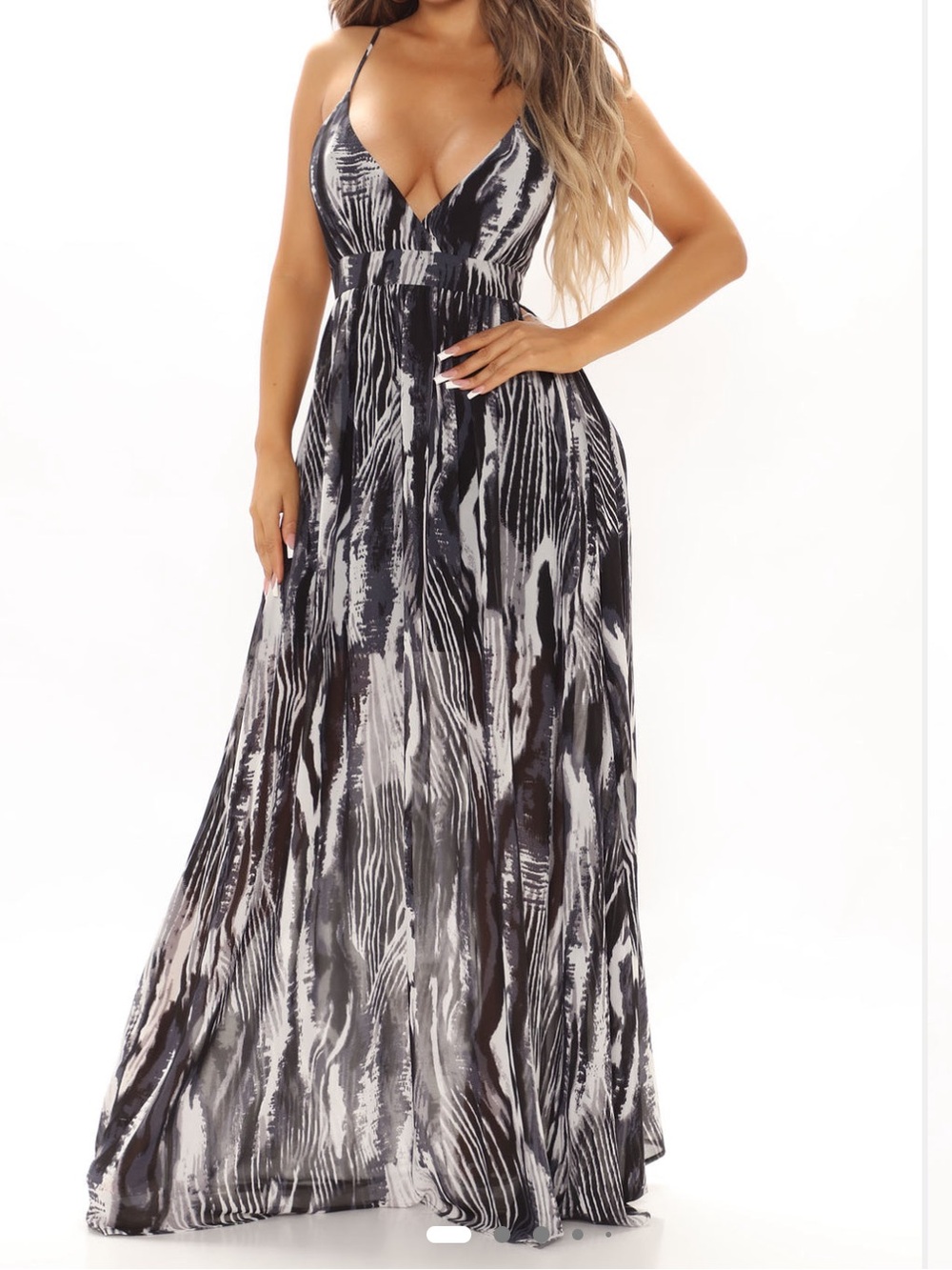 Ina Black and White Printed V-Neck Maxi Dress